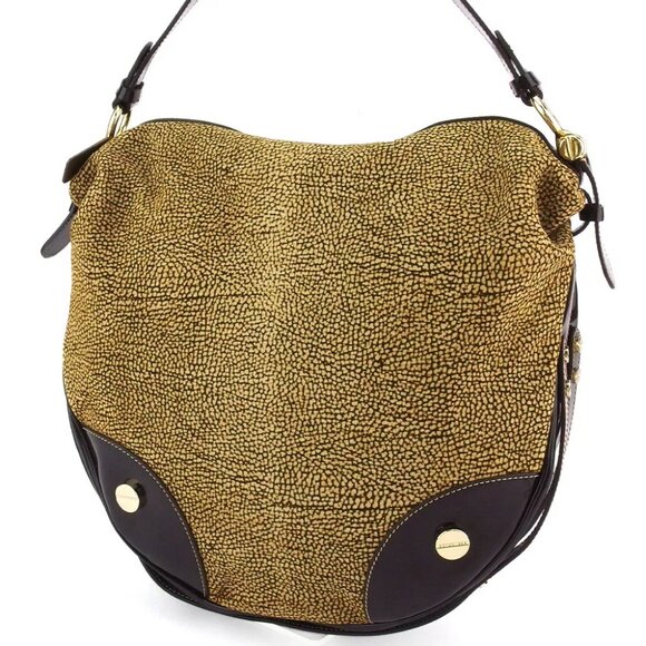 BORBONESE handbag quail pattern beige suede ?~ enamel leather used L3248